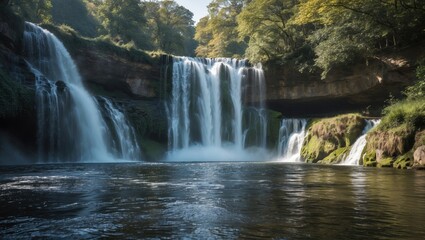Obraz premium Serene Waterfall Cascading Into Tranquil Pool Surrounded By Lush Greenery Under Clear Blue Sky
