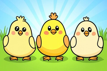 Three small yellow birds perch on grass in a sunlit field, creating a vibrant scene of nature and tranquility.