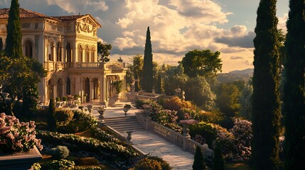 Naklejka premium Lavish Italian escape featuring pool and mesmerizing rural panoramas image
