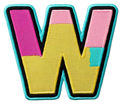 Embroidered Letter W Patch with Pink and Yellow Threads on Transparent Background
