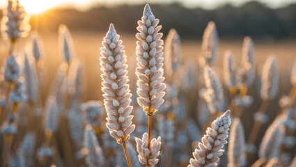 Dried Spikelets Glowing in Morning Light with Soft Focus on Serene Meadow Landscape