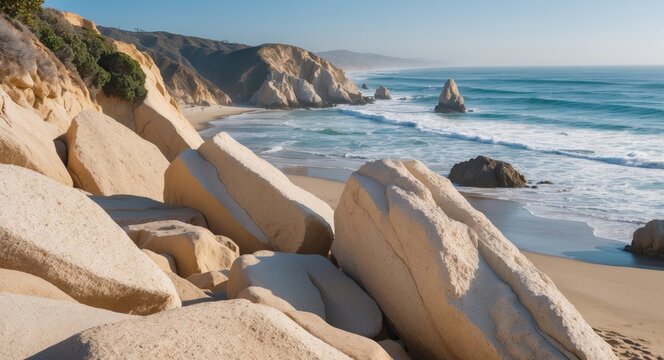 Beige Rock Formation at Point Dume Overlooking Zuma Beach with Gentle Waves and Coastal Landscape in Sunny Conditions