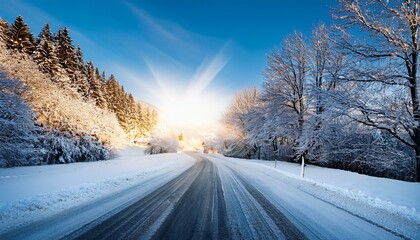 winter road covered with snow on sunny day