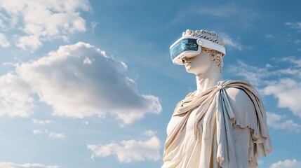Statue of Greek God Wearing Virtual Reality Headset Outdoor Sky