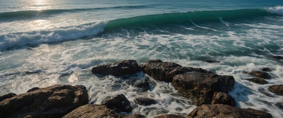Scenic Rocky Beach with Clear Waves Ideal for Water Sports and Relaxation Featuring Ample Space for Text Overlay