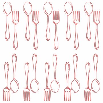 vector illustration of a set of cutlery, seamless floral pattern, fork seamless pattern design, vector fork pattern background, Kitchen icon. Set of fork spoon