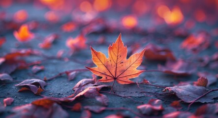 Autumn-themed close-up of a faded leaf illuminated by vibrant neon light against a blurred background of scattered leaves for design use.