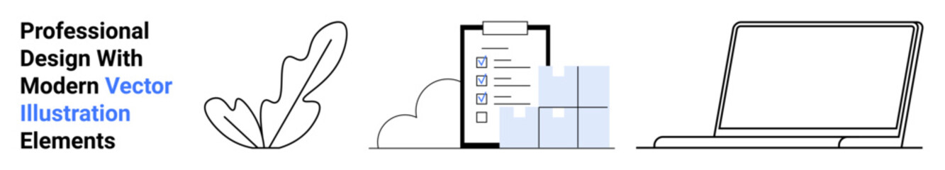 Leaf doodle, checklist clipboard with progress blocks, and open laptop outline. Ideal for teamwork, education, productivity, organization, minimalism, remote work flat landing page banner