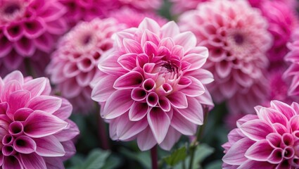 Vibrant Pink Dahlias in Full Bloom with Lush Green Foliage for Floral Decoration and Nature Enthusiasts