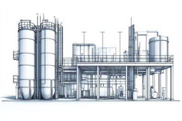 Large industrial water treatment facility features multiple storage tanks and processing equipment