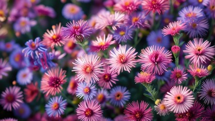 Vibrant aster flowers in shades of pink and purple creating a festive and natural background for floral designs and celebrations.