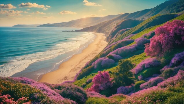 Stunning Coastal Landscape Featuring Vibrant Flowers Rolling Hills and Serene Beach with Space for Text Overlay or Caption