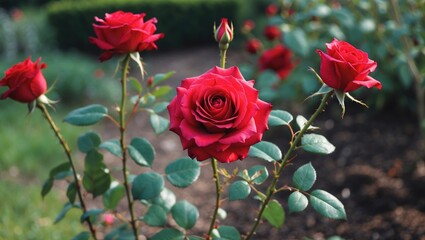 Fototapeta premium Vibrant Red Roses Blooming in Lush Garden Setting with Space for Text Overlay and Natural Background Elements