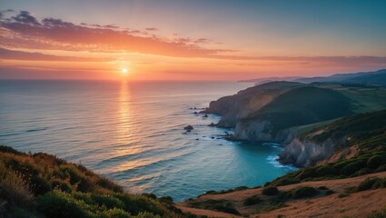 Serene Coastal Sunset Over Turquoise Waters with Rolling Hills and Vibrant Sky at Dusk