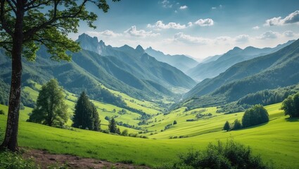Serene Mountain Landscape with Lush Green Fields and Trees under a Blue Sky Perfect for Text Overlay or Inspiration