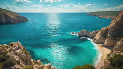 Naklejka premium Serene Coastal Landscape with Clear Turquoise Waters and Rocky Cliffs Under a Sunny Sky Ideal for Summer Seasonal Promotions and Advertisements