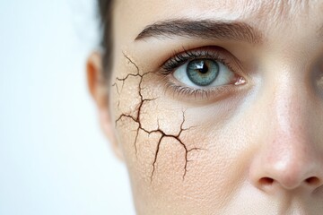 Close-up view of a female face revealing dry skin with visible cracks and imperfections