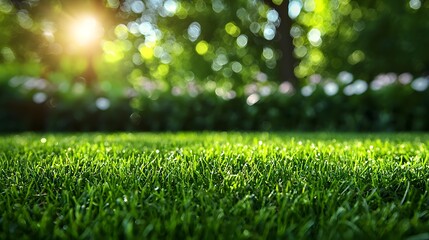 Naklejka premium Beautiful Blurred Spring Landscape with Lush Green Grass and Flowering Trees