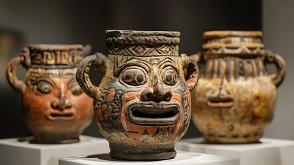 Ancient Ceremonial Vessels:  Elaborate Pre-Columbian Pottery with Intricate Carvings