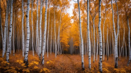 Fototapeta premium Autumn birch forest with vibrant orange foliage creating a serene and picturesque landscape path inviting exploration