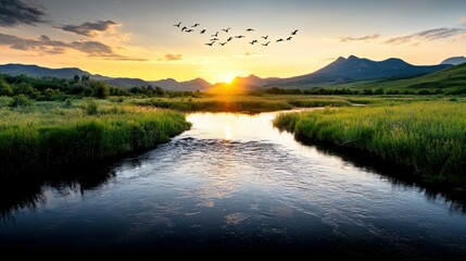 Fototapeta premium Majestic sunset over mountain stream with birds flying