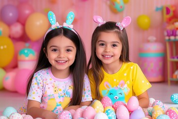 Two little girls joyfully play in a colorful ball pit filled with vibrant Easter eggs, embodying the spirit of fun and celebration.