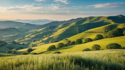 Obraz premium Serene Green Hills Under Blue Sky with Space for Text in Scenic Nature Landscape