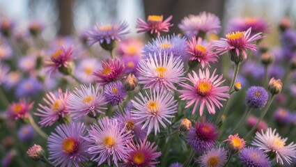 Vibrant Aster Flowers in Full Bloom Showcasing Vivid Colors in a Lush Garden Setting