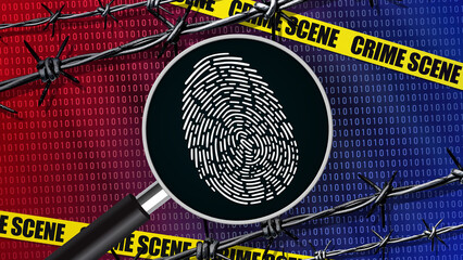 A digital fingerprint magnified under a glass against a background of binary code. The image symbolizes cybersecurity, digital identity, and data protection, blending technological elements .