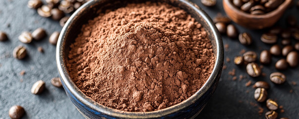 Ground coffee powder in a bowl with coffee beans scattered