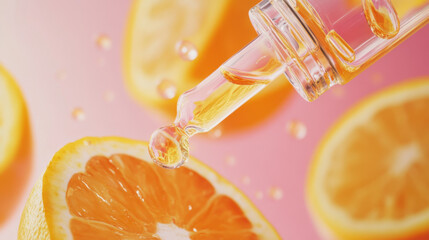 close up of skincare serum dropper dripping vitamin C onto fresh orange slice, highlighting vibrant colors and refreshing essence of citrus