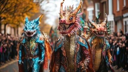 Fototapeta premium A lively carnival brings together people in dazzling costumes showcasing whimsical animals and mythical beings in a colorful celebration