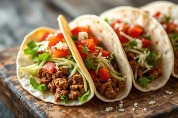 Authentic Homestyle Mexican Street Tacos with Fresh Toppings on Rustic Wooden Surface A Culinary Journey Through Traditional Tex-Mex Comfort Food