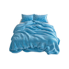 Unmade Bed with Light Blue Plush Duvet and Pillows