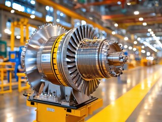 Obraz premium Industrial gas turbine in a manufacturing facility.