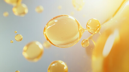 Futuristic skincare concept featuring Vitamin E molecules in oil droplets, showcasing their vibrant yellow color and smooth texture, ideal for beauty and wellness themes
