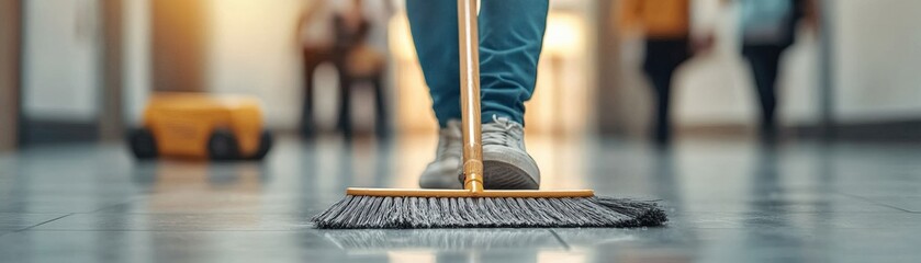 Cleaning floor with a mop in a busy environment.