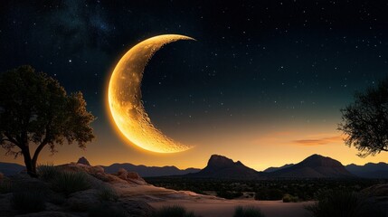 Crescent moon over desert mountains at night