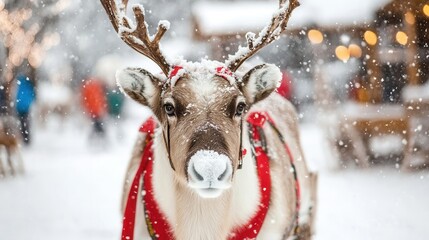 A reindeer adorned with a red and white harness stands in a snowy landscape, surrounded by people enjoying the winter scenery.