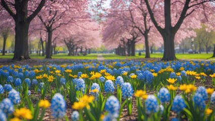 Obraz premium Vibrant Spring Flower Garden with Colorful Blossoms and Empty Space for Text in Scenic Park Setting