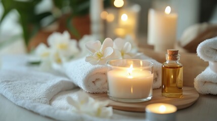 Luxurious Spa Setting Candles Oils Towels and Flowers for Relaxation