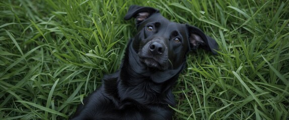 Obraz premium Black dog relaxing in lush green grass with ample space for text or branding in a peaceful outdoor setting.