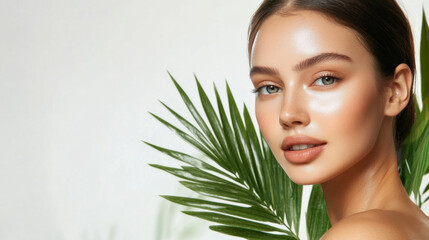 Fototapeta premium Radiant beauty showcasing glowing skin with tropical foliage. model fresh look highlights natural beauty and skincare