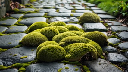 Lush green moss growing on a cobblestone path creating a serene and natural outdoor ambiance in a garden setting.