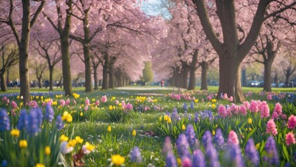 Fototapeta premium Vibrant Spring Flower Blossoms in a Park Setting with Soft Focused Pathway and Copy Space for Text or Design Elements