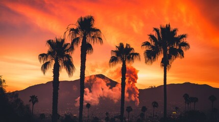 Obraz premium Realistic photo of palm trees against a vivid orange sunset with smoke rising over los angeles hills