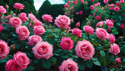 Vibrant Pink Roses Blooming in a Lush Garden with Space for Custom Text Overlay