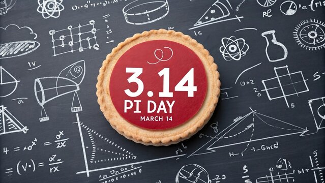 Pi Day poster with mathematical symbols, formulas, and scientific equations.