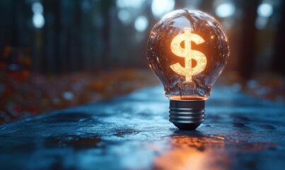 Illuminated dollar sign light bulb on wet surface in a misty forest during autumn