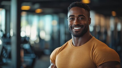 Obraz premium A smiling man in a vibrant workout outfit stands confidently in a brightly lit gym, surrounded by modern fitness equipment